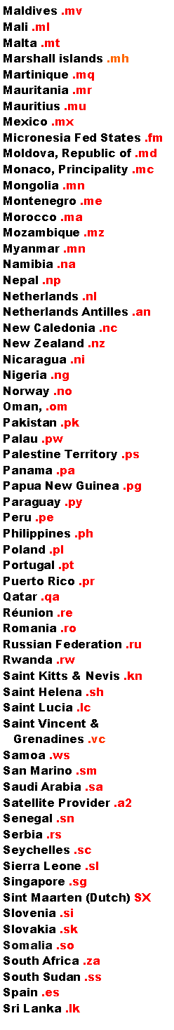 Text Box: Maldives .mvMali .mlMalta .mtMarshall islands .mhMartinique .mqMauritania .mrMauritius .muMexico .mxMicronesia Fed States .fmMoldova, Republic of .mdMonaco, Principality .mcMongolia .mnMontenegro .meMorocco .maMozambique .mzMyanmar .mnNamibia .naNepal .npNetherlands .nlNetherlands Antilles .anNew Caledonia .ncNew Zealand .nzNicaragua .niNigeria .ngNorway .noOman, .om Pakistan .pkPalau .pwPalestine Territory .psPanama .paPapua New Guinea .pgParaguay .pyPeru .pePhilippines .phPoland .plPortugal .ptPuerto Rico .prQatar .qaRunion .reRomania .roRussian Federation .ruRwanda .rwSaint Kitts & Nevis .knSaint Helena .shSaint Lucia .lcSaint Vincent &     Grenadines .vcSamoa .wsSan Marino .smSaudi Arabia .saSatellite Provider .a2Senegal .snSerbia .rsSeychelles .scSierra Leone .slSingapore .sgSint Maarten (Dutch) SXSlovenia .siSlovakia .skSomalia .soSouth Africa .zaSouth Sudan .ssSpain .esSri Lanka .lk