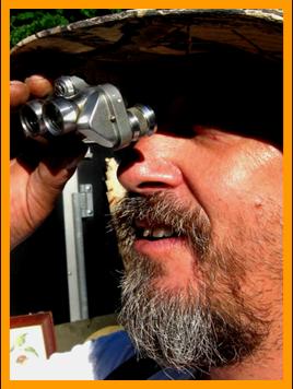 Farmer Observing with Tiny Binoculars