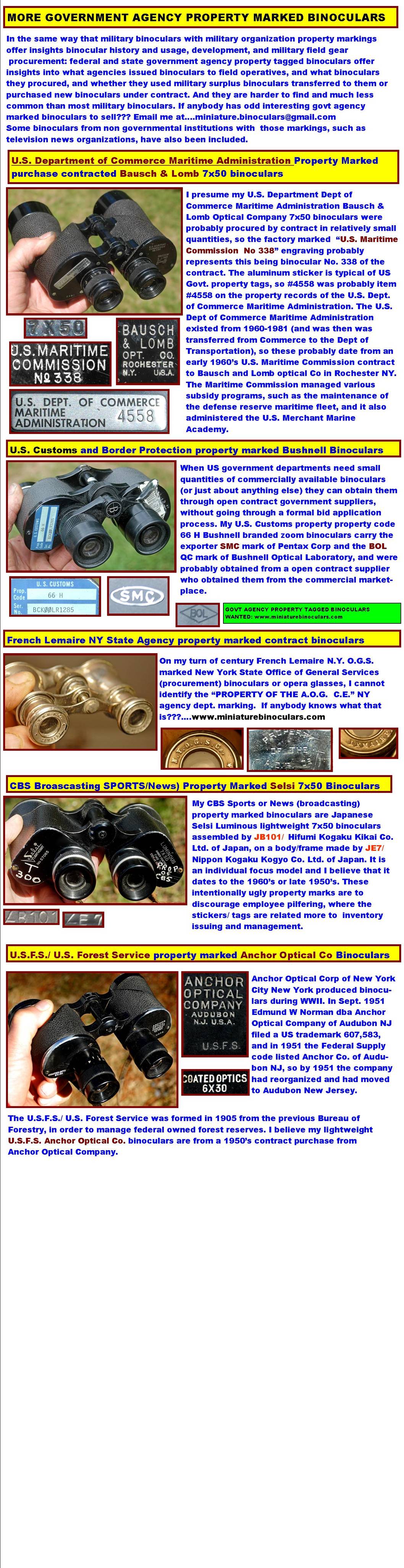 U.S. Maritime Administration binoculars.
U.S. Customs and Border protection binoculars.
CBS broadcasting binoculars.
U.S.F.S. binoculars.
U.S. Forest Service binoculars.
